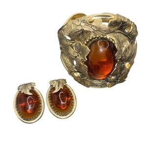 Vintage‎ Whiting & Davis Amber Glass Leaf Cuff Bracelet Earrings Set Signed Gold